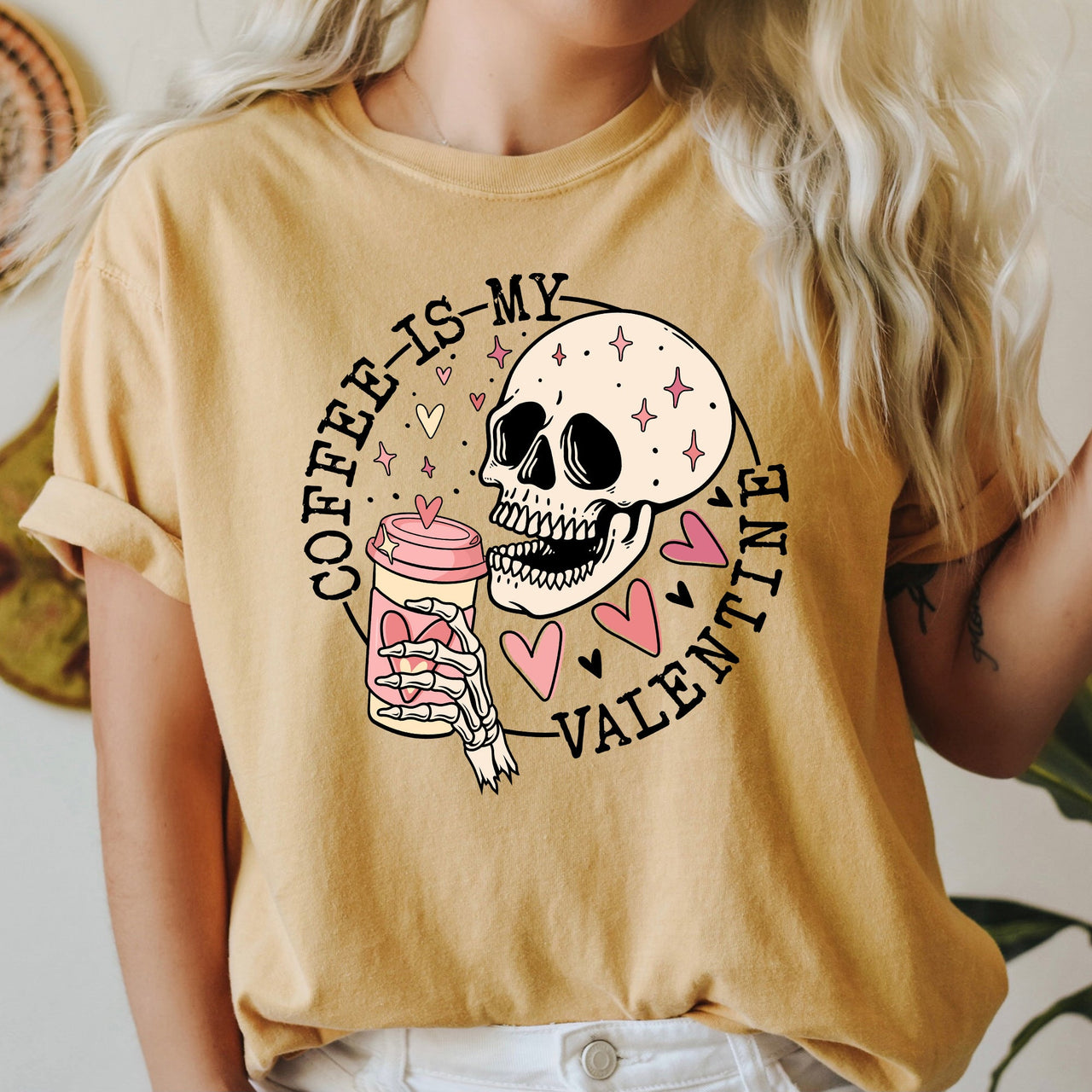 Coffee Is My Valentine Skeleton Caffeine Classic Retro Limited Edition Comfort Colors Tee