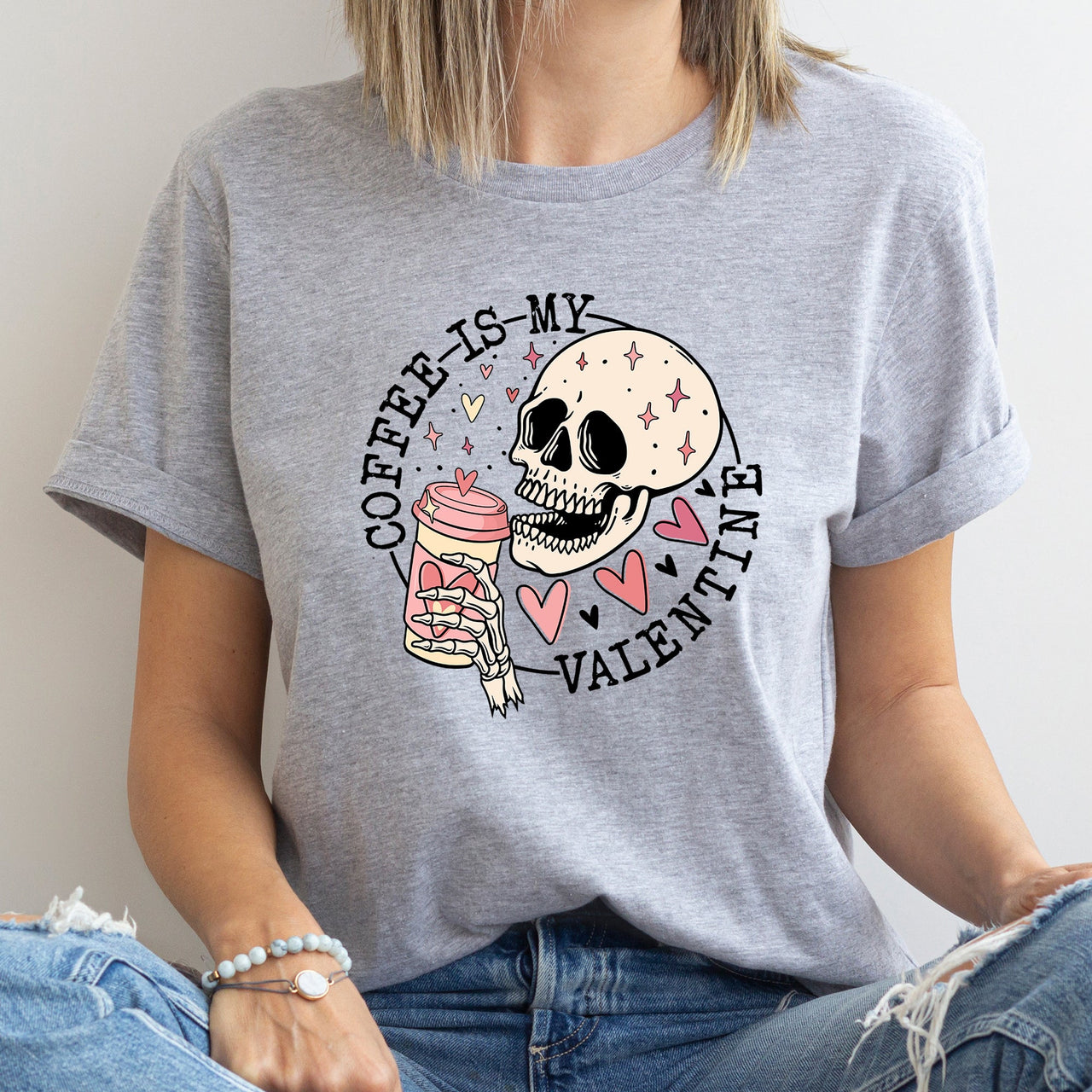 Coffee Is My Valentine Skeleton Caffeine For Coffee Lovers Valentine's Day Edition Graphic Tee