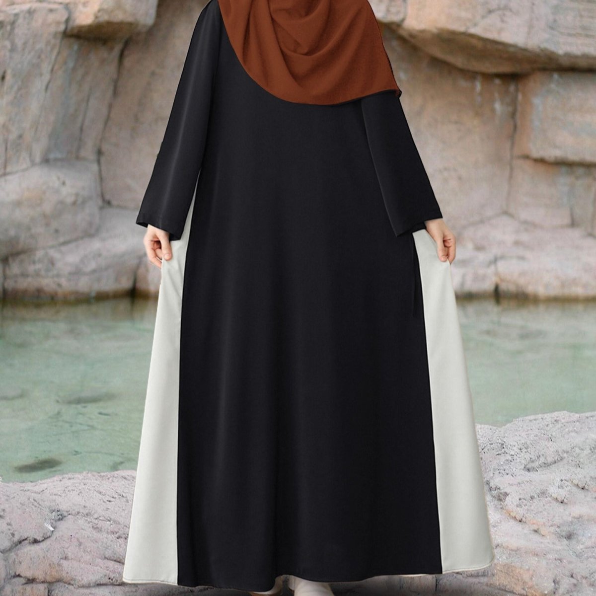 Colorblock Side-Tie Abaya | Two-Tone Round Neck Maxi Dress Abaya (MA362)