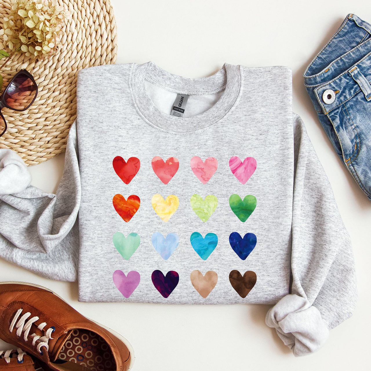 Colorful Hearts Rainbow Love Valentine's Day Edition Cozy Premium Graphic Design Sweatshirt