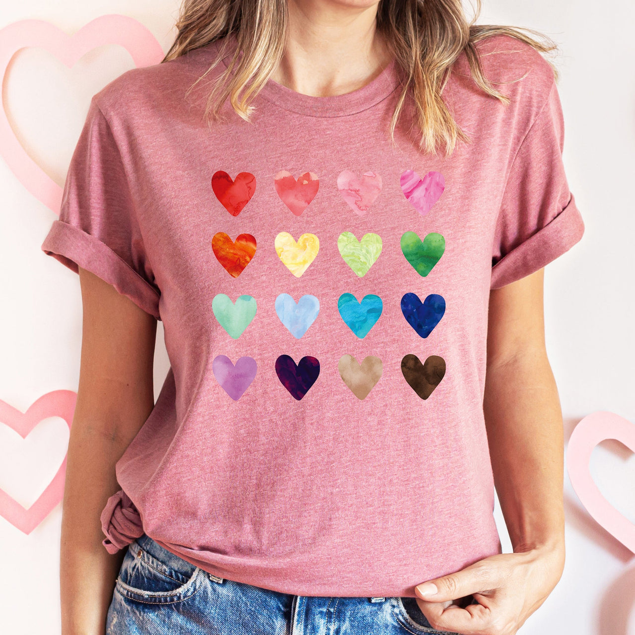 Colorful Hearts Rainbow Love Valentine Edition With Bold Typography Hearts Motifs Graphic Tee