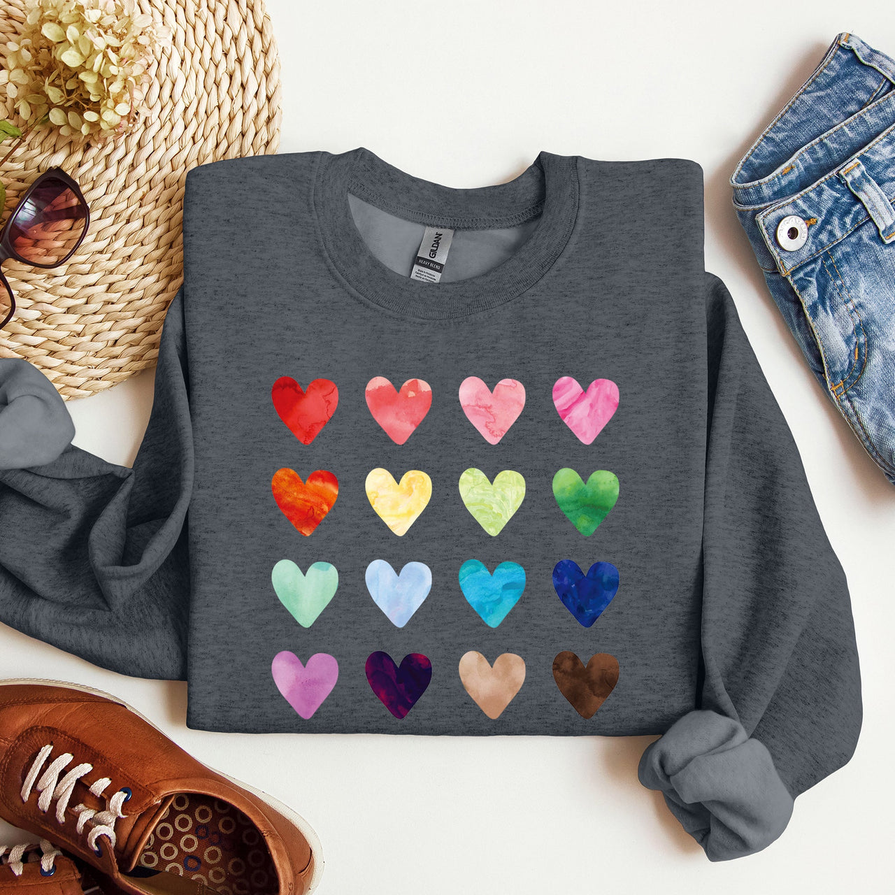 Colorful Hearts Rainbow Love Valentine's Day Edition Cozy Premium Graphic Design Sweatshirt