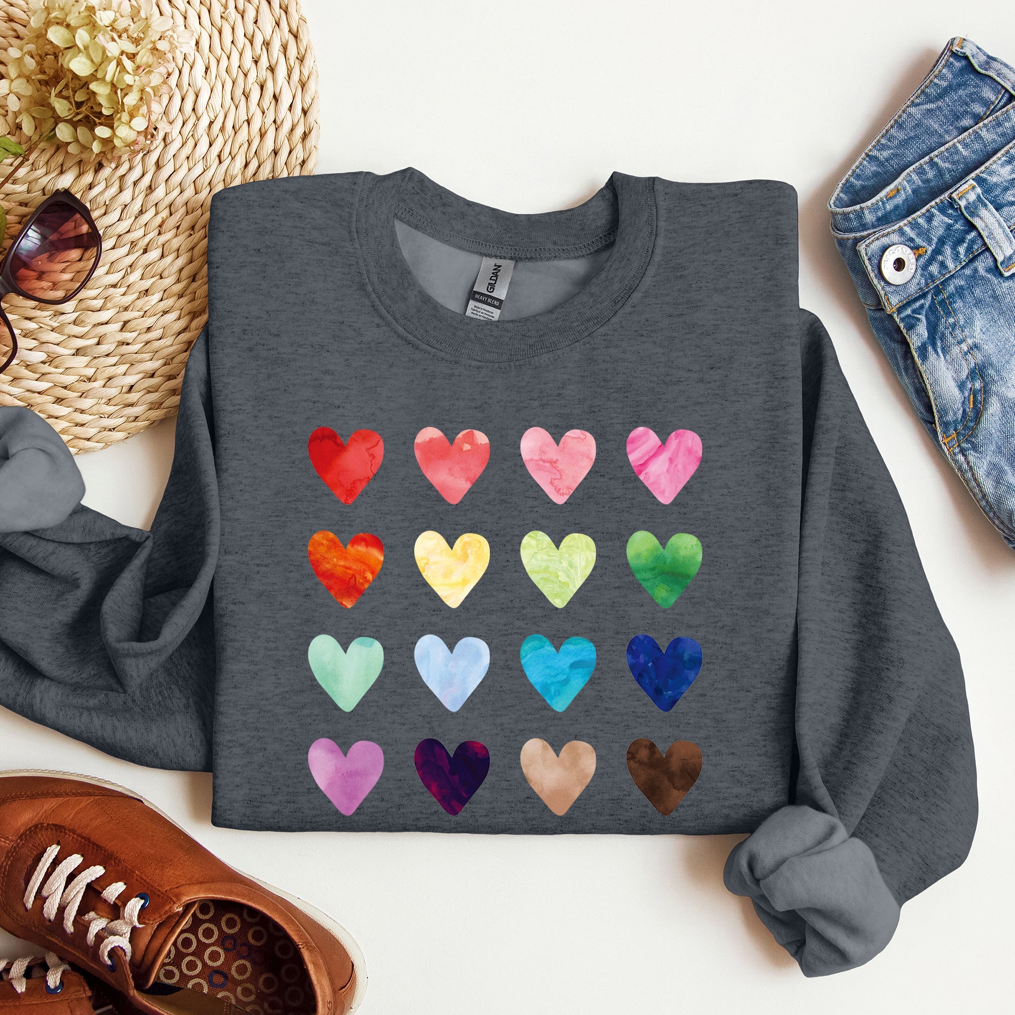 Colorful Hearts Rainbow Love Valentine's Day Edition Cozy Premium Graphic Design Sweatshirt
