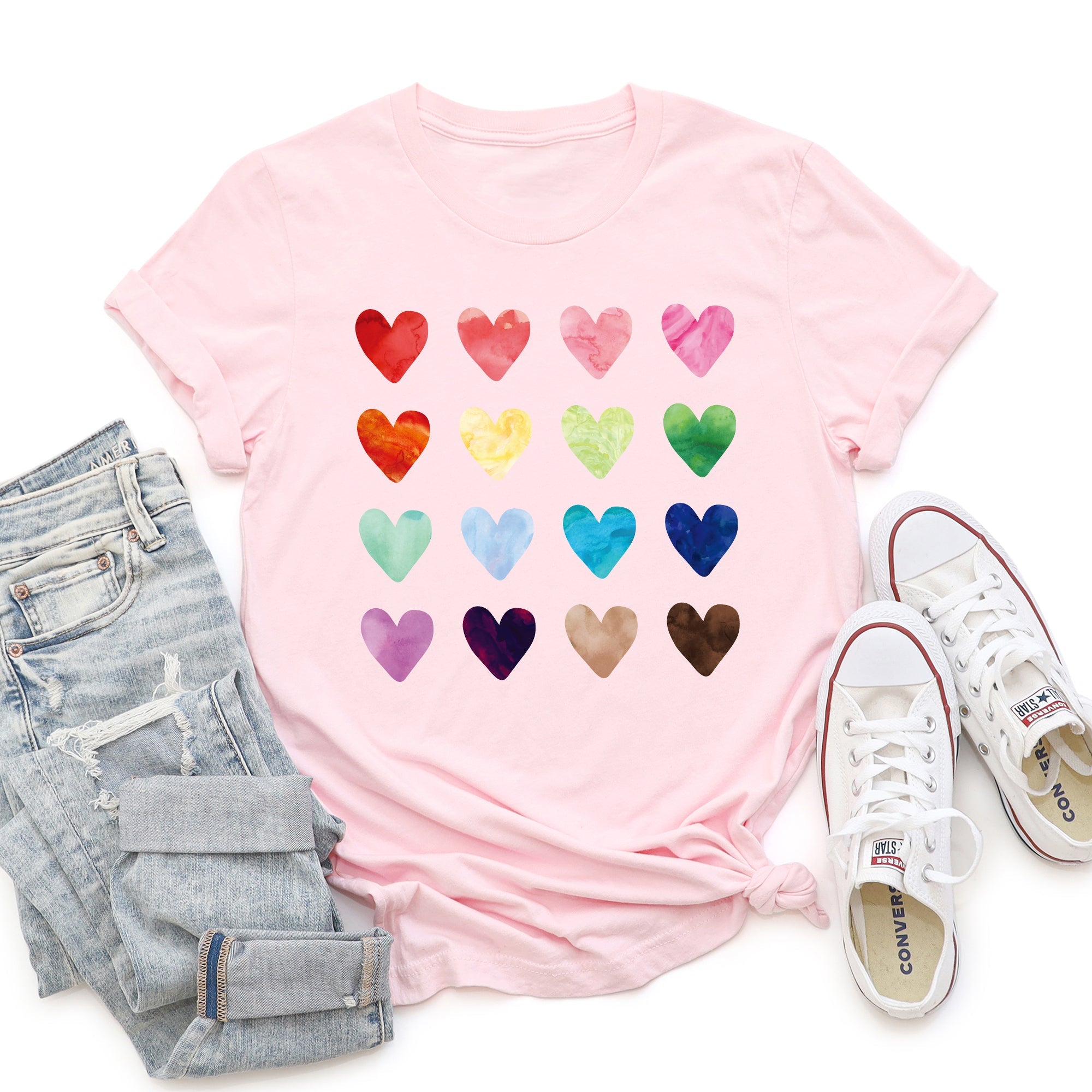 Colorful Hearts Rainbow Love Valentine Edition With Bold Typography Hearts Motifs Graphic Tee
