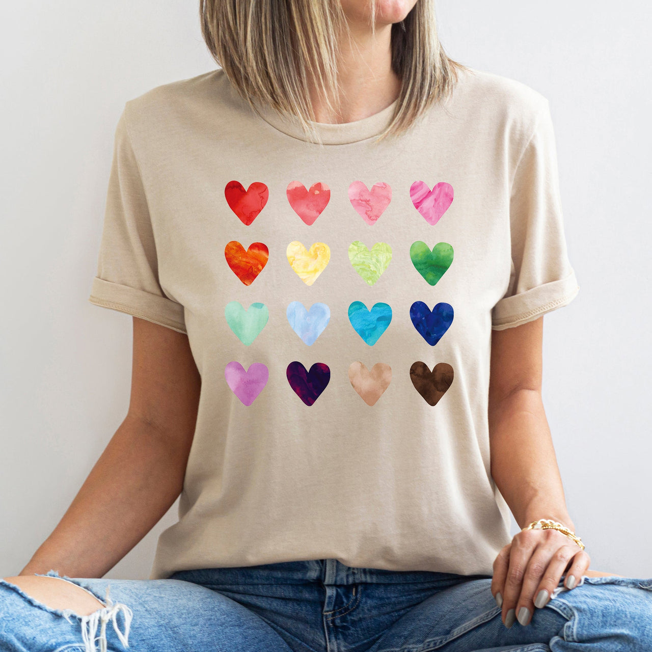 Colorful Hearts Rainbow Love Valentine Edition With Bold Typography Hearts Motifs Graphic Tee