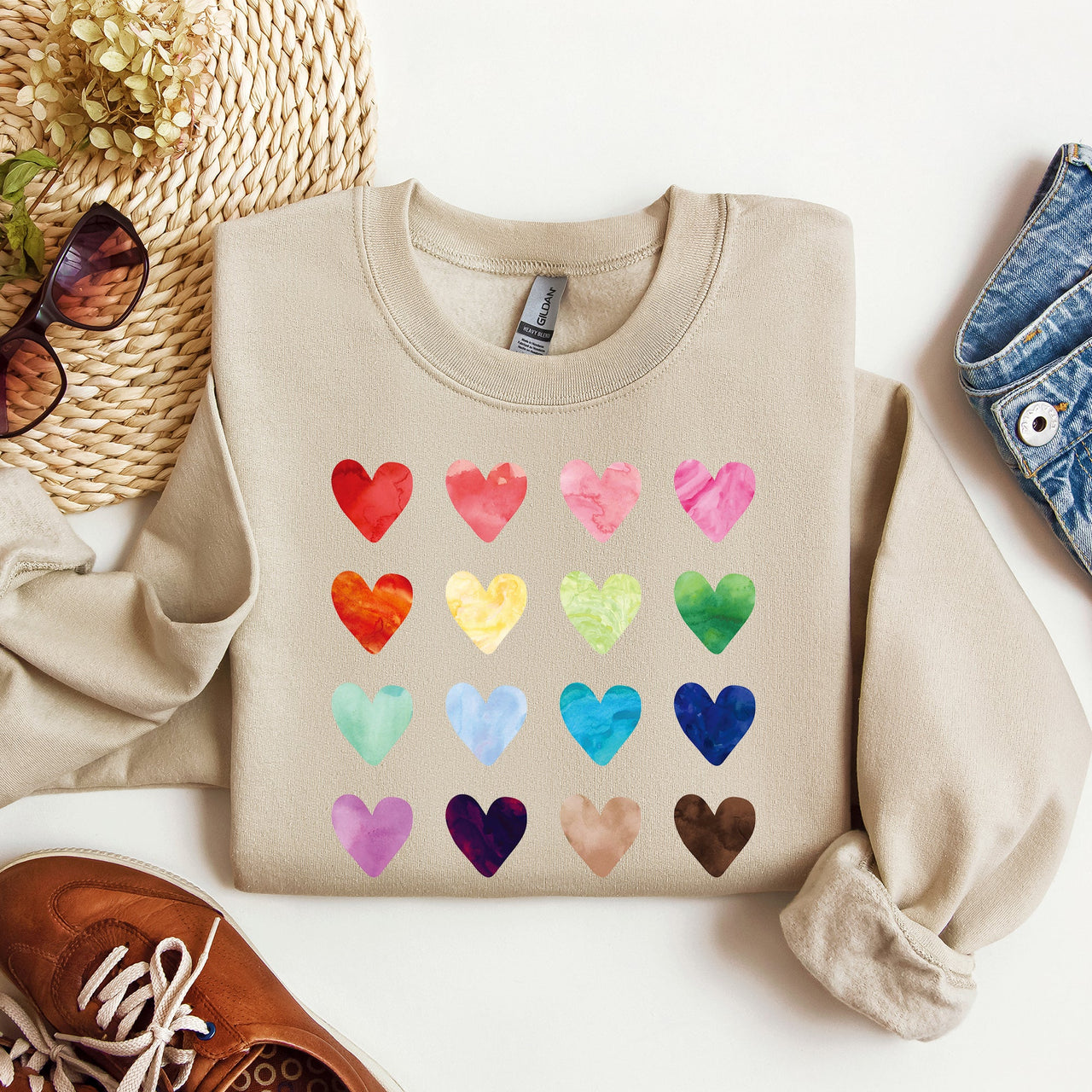 Colorful Hearts Rainbow Love Valentine's Day Edition Cozy Premium Graphic Design Sweatshirt