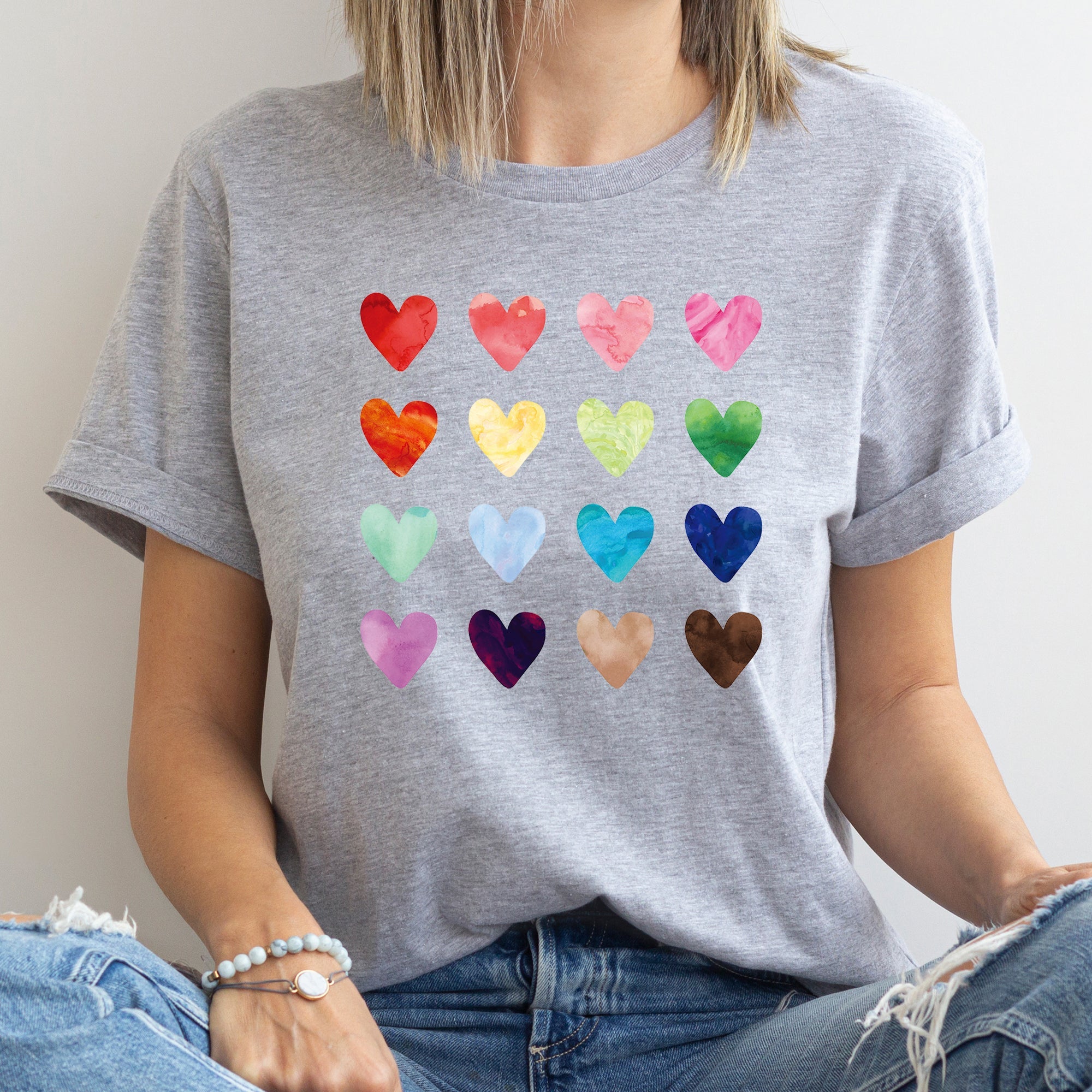 Colorful Hearts Rainbow Love Valentine Edition With Bold Typography Hearts Motifs Graphic Tee