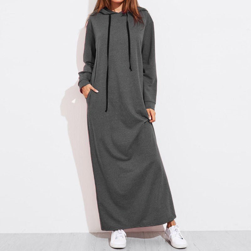 Comfortable Hooded Maxi Dress with Drawstring | Long Sleeve Polyvinyl Alcohol Fiber Dress with Pockets(MS119)