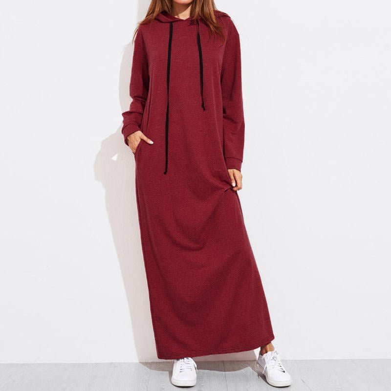 Comfortable Hooded Maxi Dress with Drawstring | Long Sleeve Polyvinyl Alcohol Fiber Dress with Pockets(MS119)