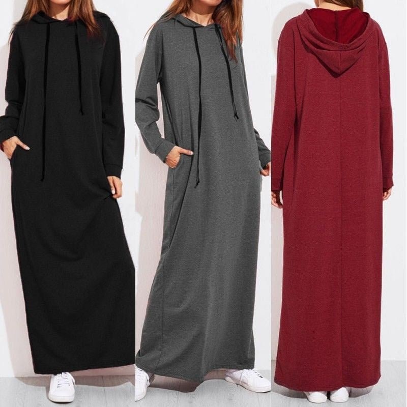 Comfortable Hooded Maxi Dress with Drawstring | Long Sleeve Polyvinyl Alcohol Fiber Dress with Pockets(MS119)