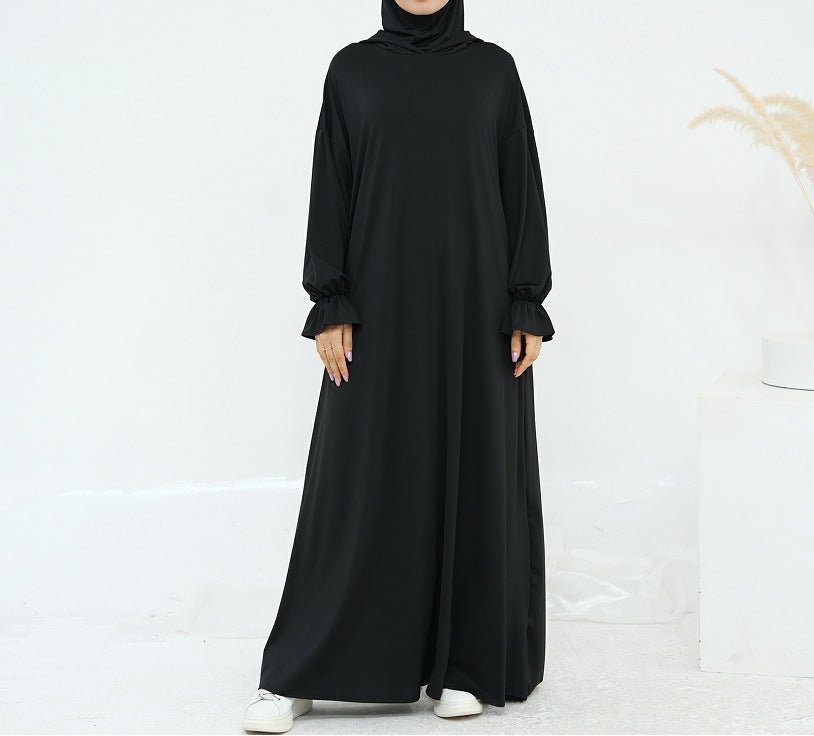 Comfortable Milk Silk Hooded Maxi Dress with Pockets | Elastic Cuff Long Sleeve Dress(MA321)