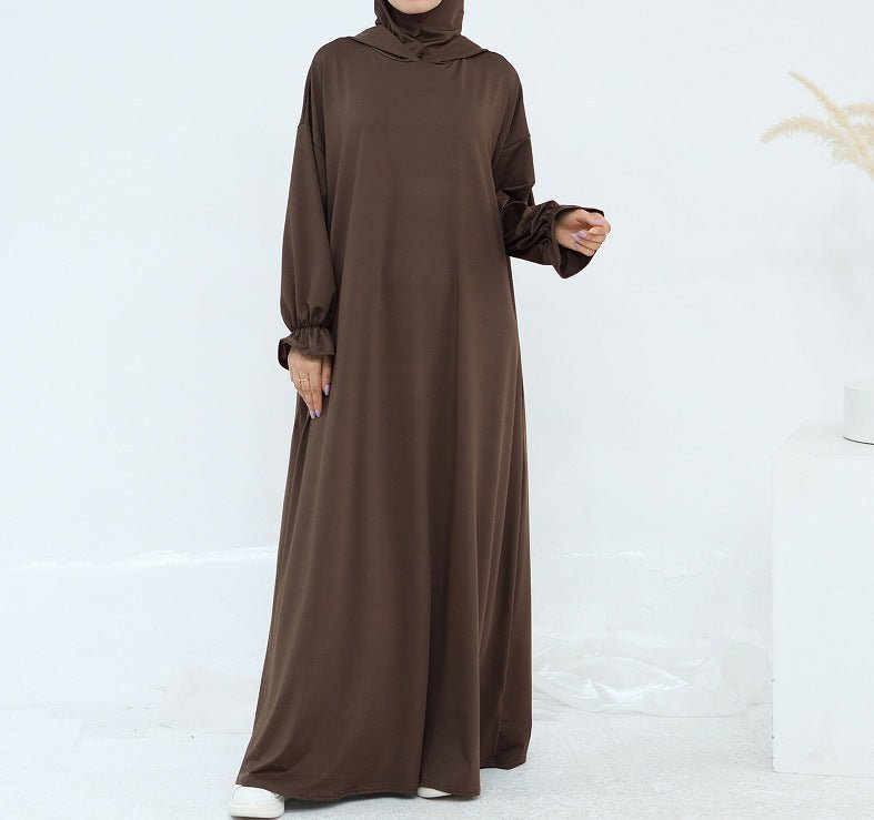 Comfortable Milk Silk Hooded Maxi Dress with Pockets | Elastic Cuff Long Sleeve Dress(MA321)