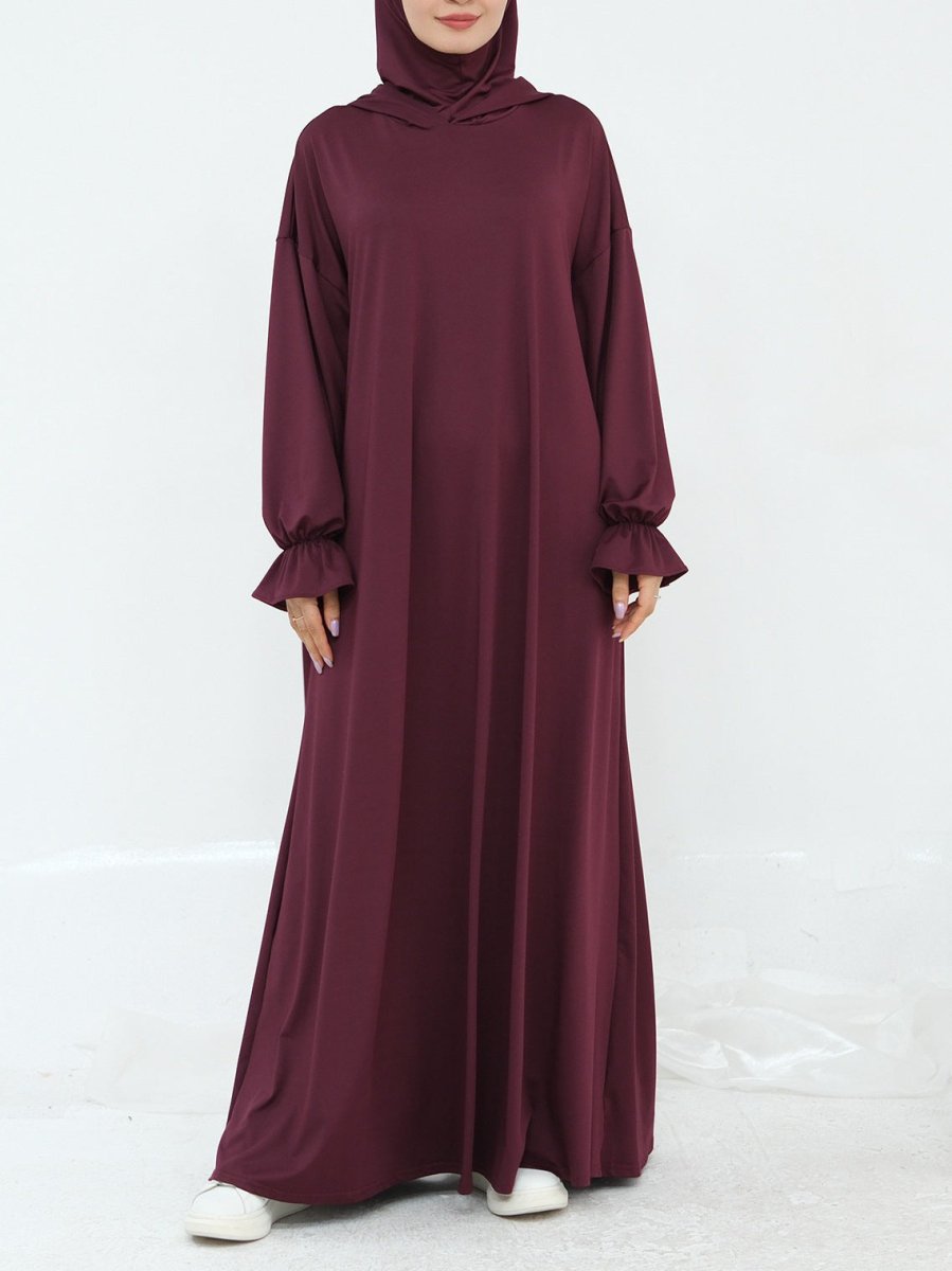 Comfortable Milk Silk Hooded Maxi Dress with Pockets | Elastic Cuff Long Sleeve Dress(MA321)