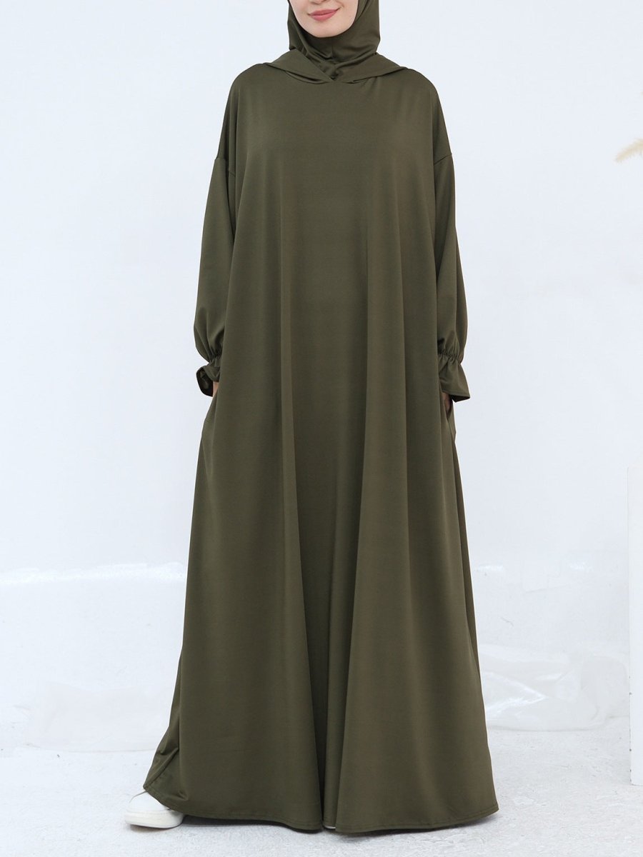 Comfortable Milk Silk Hooded Maxi Dress with Pockets | Elastic Cuff Long Sleeve Dress(MA321)