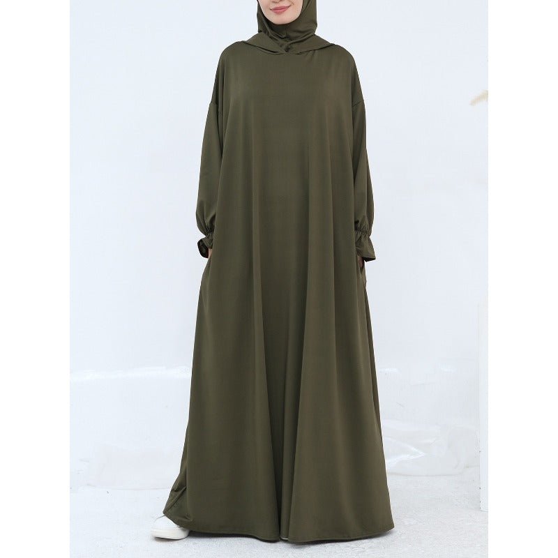 Comfortable Milk Silk Hooded Maxi Dress with Pockets | Elastic Cuff Long Sleeve Dress(MA321)