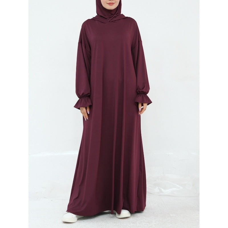 Comfortable Milk Silk Hooded Maxi Dress with Pockets | Elastic Cuff Long Sleeve Dress(MA321)