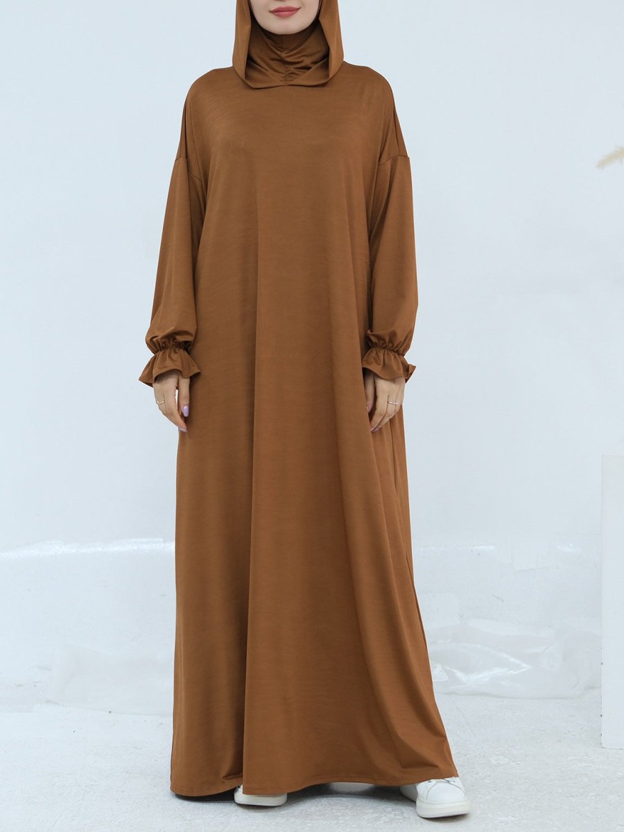 Comfortable Milk Silk Hooded Maxi Dress with Pockets | Elastic Cuff Long Sleeve Dress(MA321)