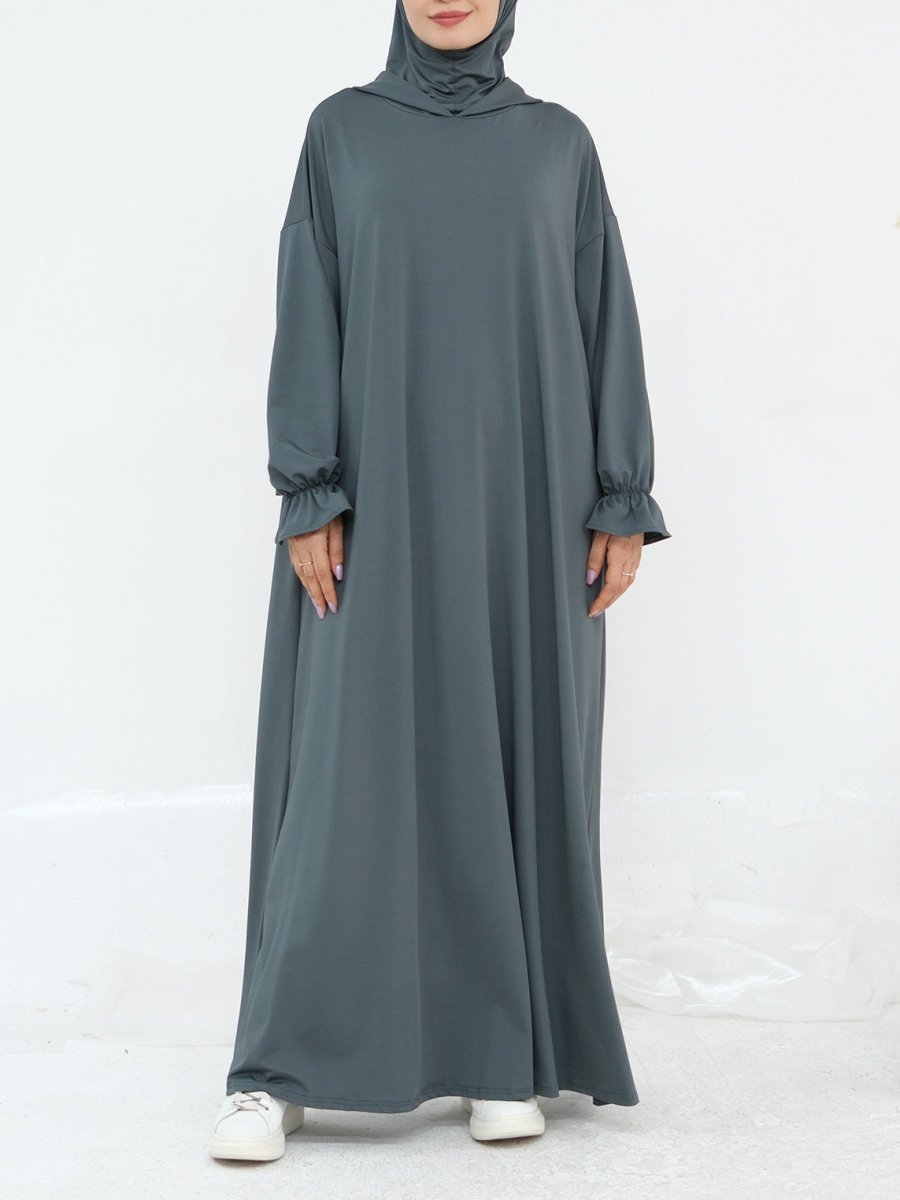 Comfortable Milk Silk Hooded Maxi Dress with Pockets | Elastic Cuff Long Sleeve Dress(MA321)