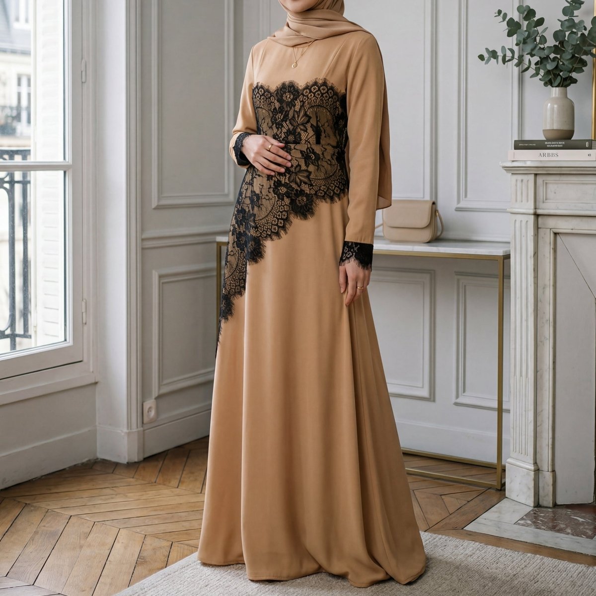 Contrast Lace Waist Panel Maxi Dress(MS409)