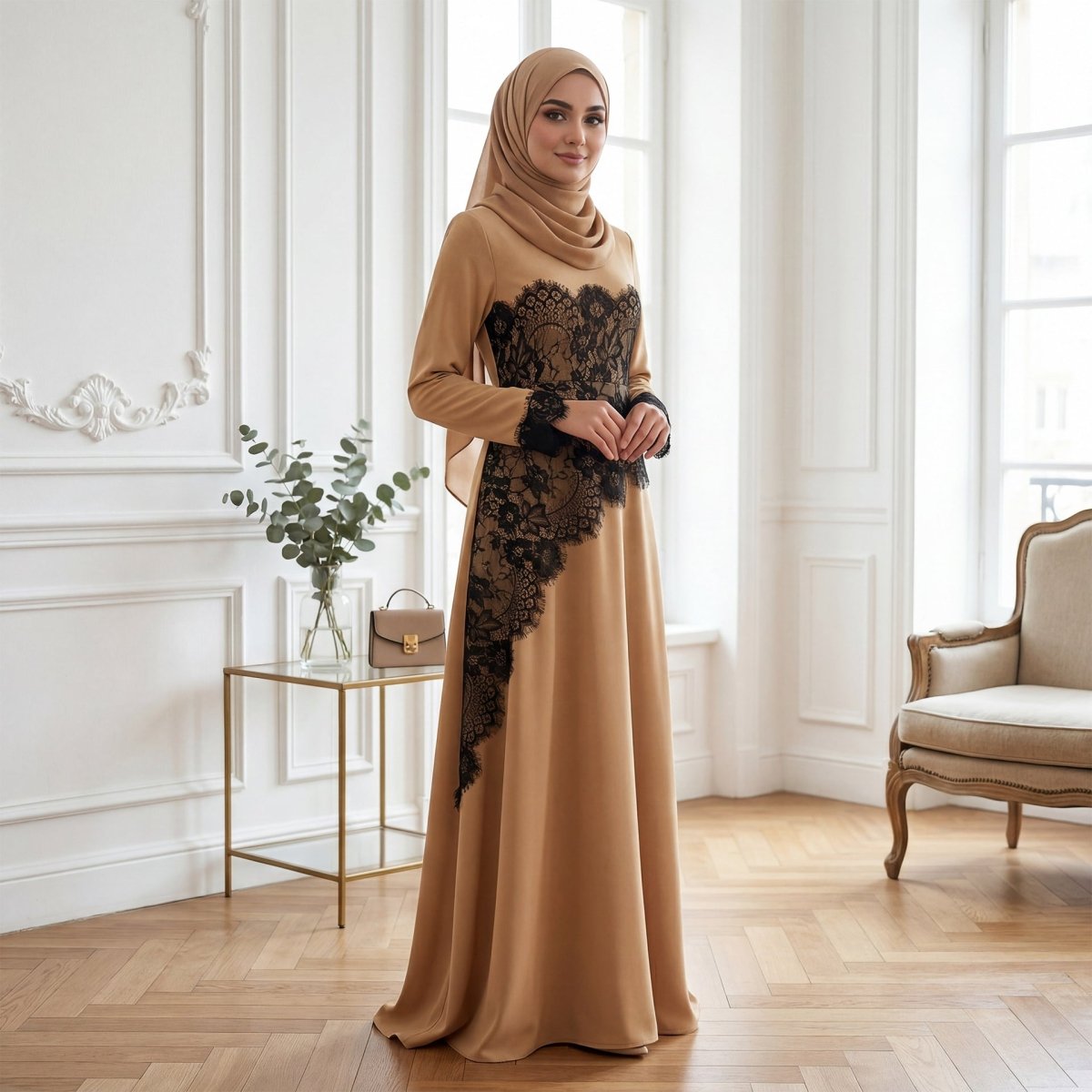 Contrast Lace Waist Panel Maxi Dress(MS409)