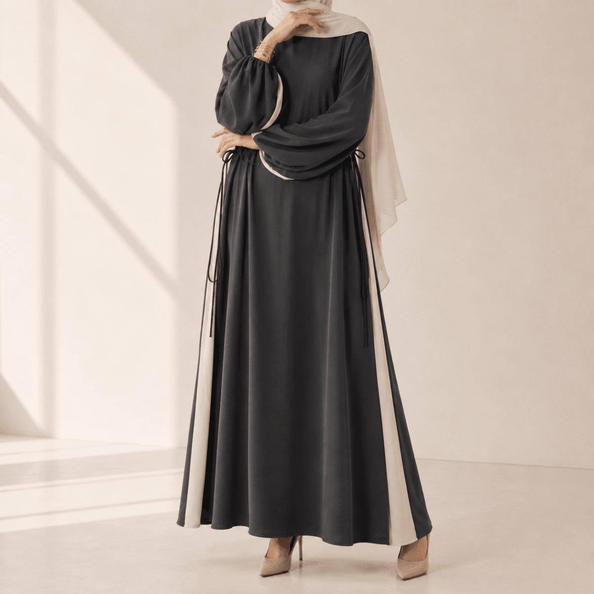 Contrast Panel  Abaya with Drawstring Detail & Balloon Sleeves(MA421)