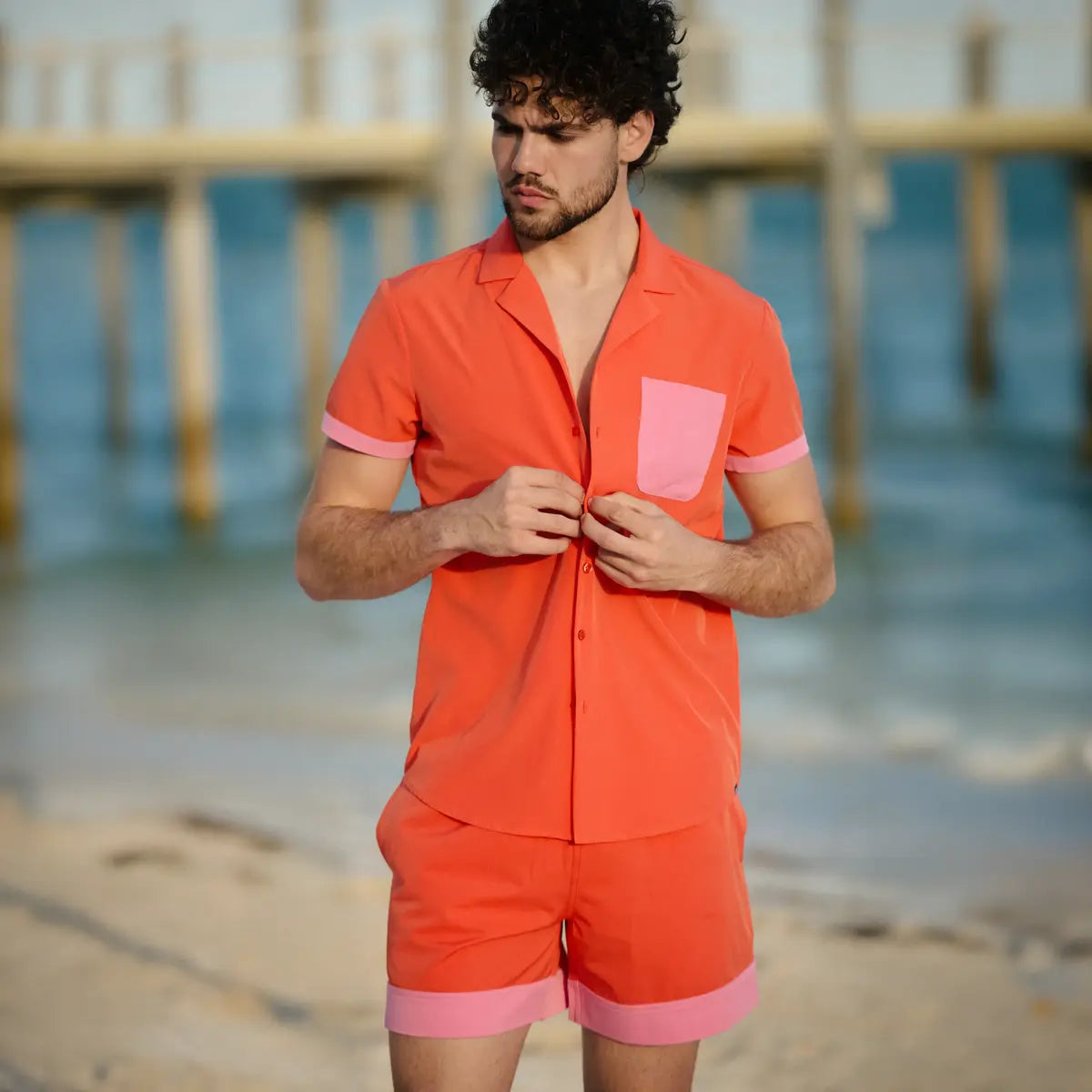 Men’s Premium Compression-Lined Hybrid Shorts – Coral Flame