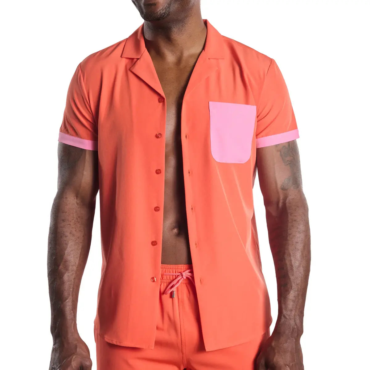 Men’s Short Sleeve Tailored Fit Button-Down Shirt – Coral Flame