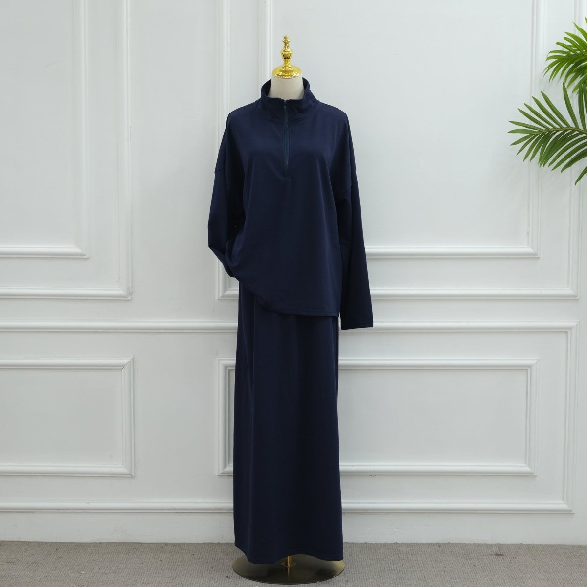 Cotton Half-Zip Top & Maxi Skirt Set(MS441)