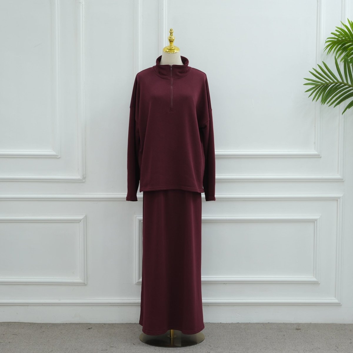 Cotton Half-Zip Top & Maxi Skirt Set(MS441)