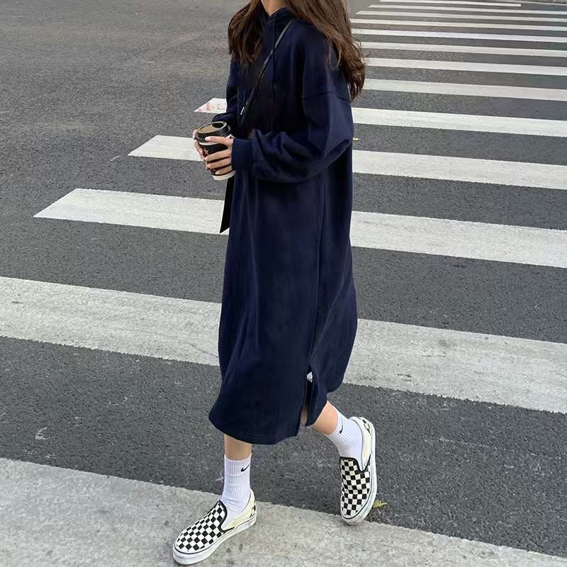 Cozy Hooded Pullover Maxi Dress | Mid-Length Fleece Lined Dress with Side Slits(MS137)