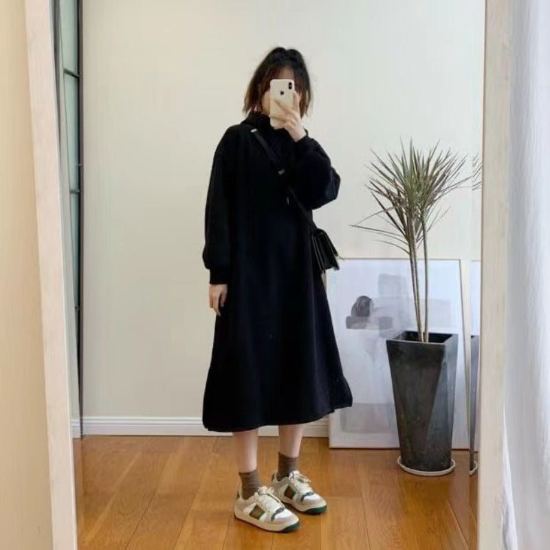 Cozy Hooded Pullover Maxi Dress | Mid-Length Fleece Lined Dress with Side Slits(MS137)