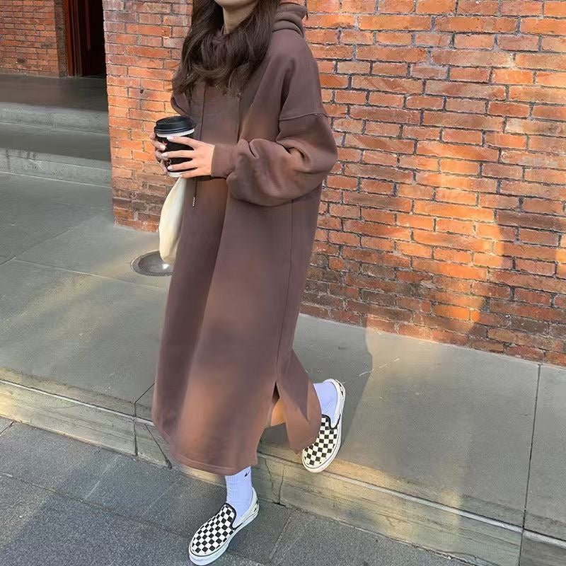 Cozy Hooded Pullover Maxi Dress | Mid-Length Fleece Lined Dress with Side Slits(MS137)