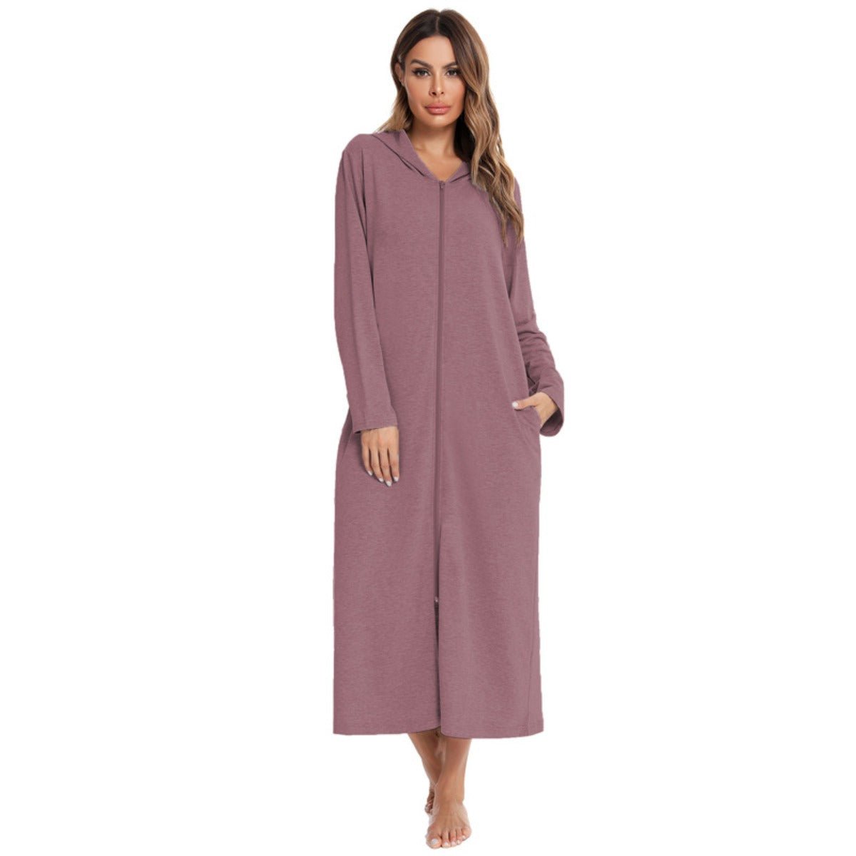 Cozy Longline Zip-Up Cardigan with Pockets | Home Wear Comfort(MS110)