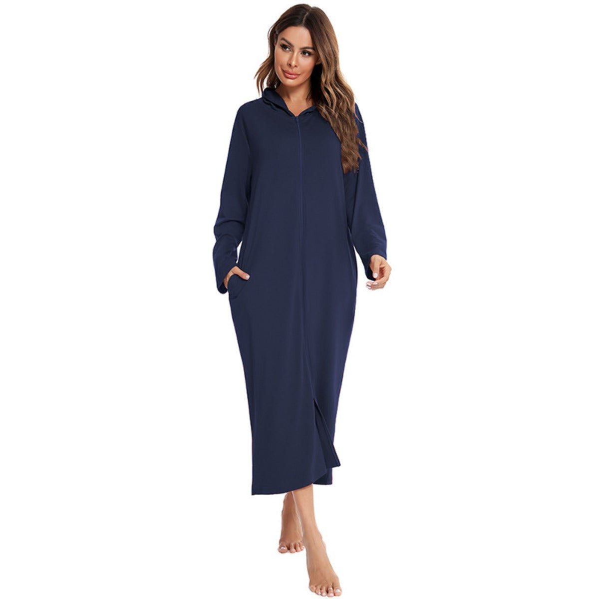 Cozy Longline Zip-Up Cardigan with Pockets | Home Wear Comfort(MS110)