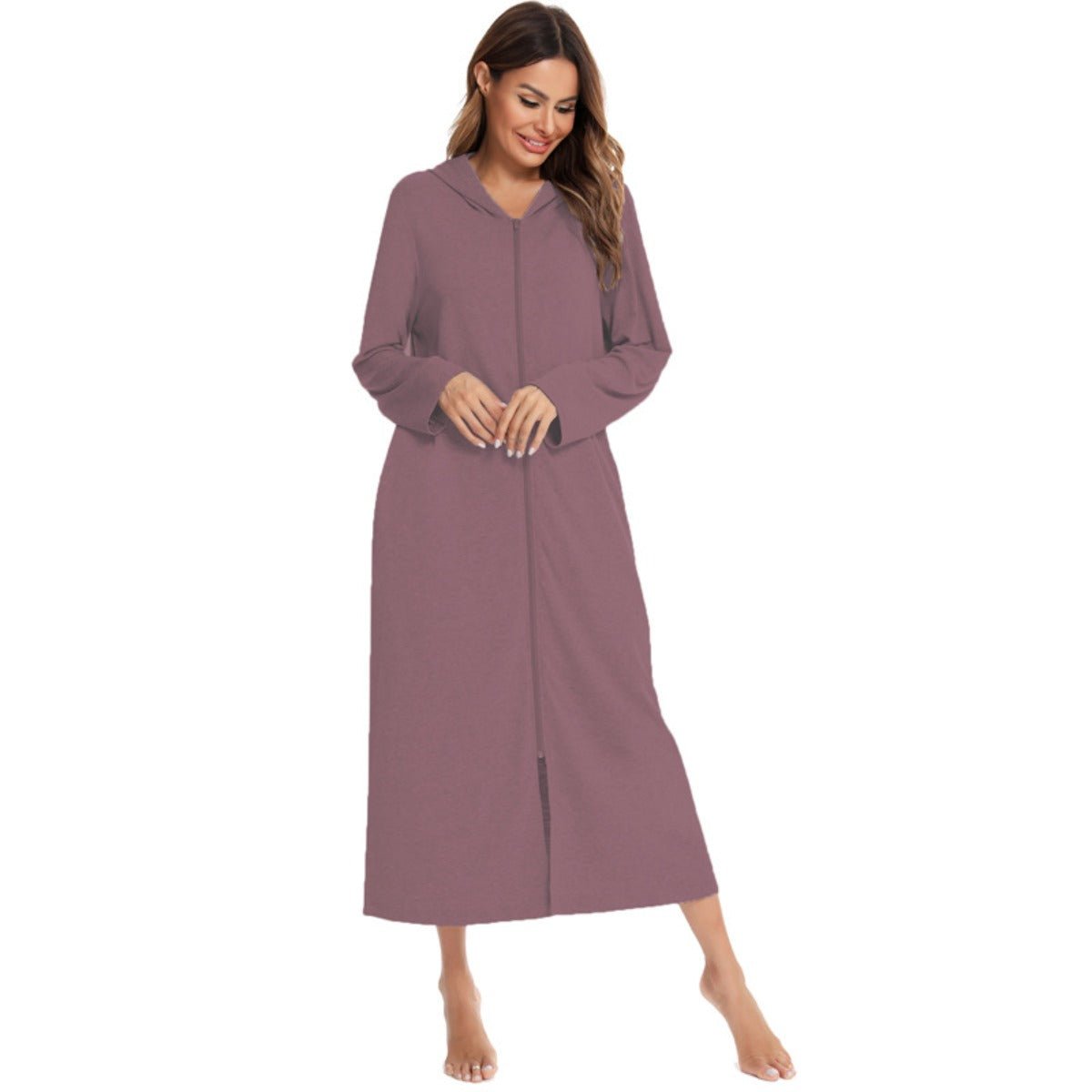 Cozy Longline Zip-Up Cardigan with Pockets | Home Wear Comfort(MS110)