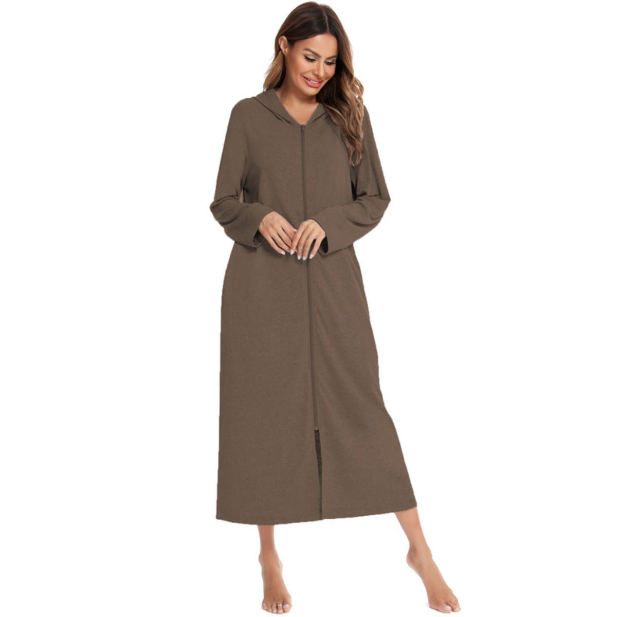 Cozy Longline Zip-Up Cardigan with Pockets | Home Wear Comfort(MS110)