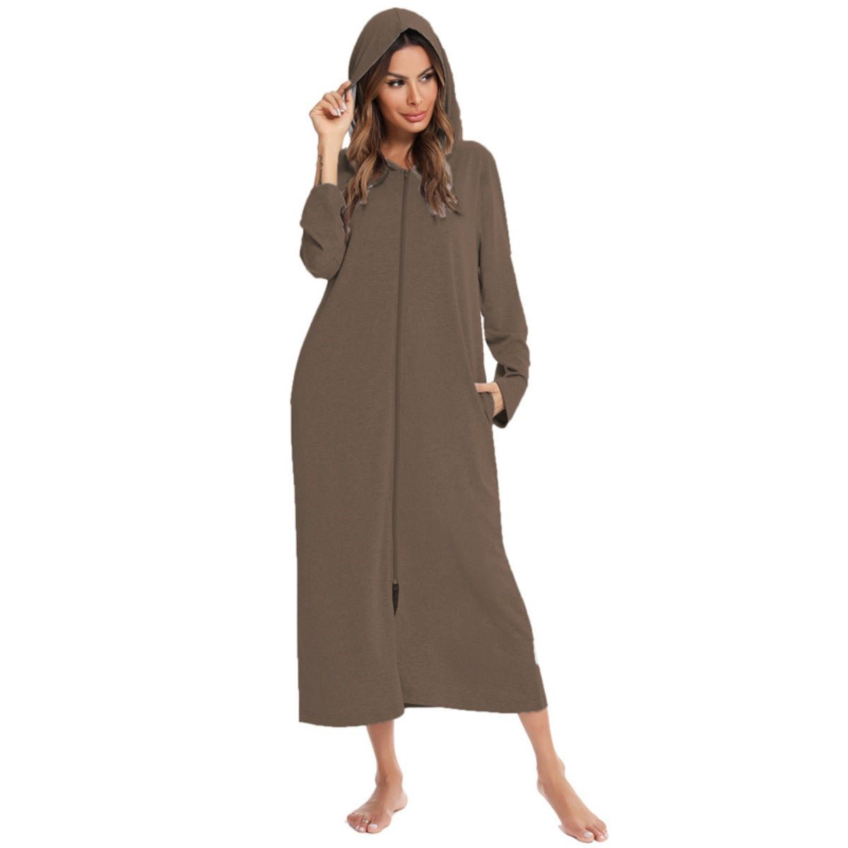Cozy Longline Zip-Up Cardigan with Pockets | Home Wear Comfort(MS110)