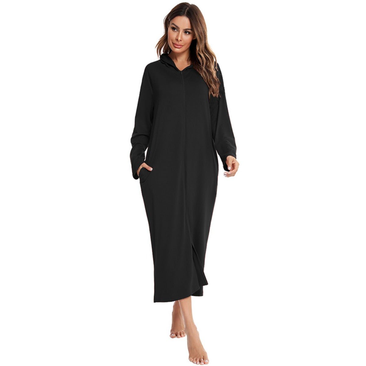 Cozy Longline Zip-Up Cardigan with Pockets | Home Wear Comfort(MS110)