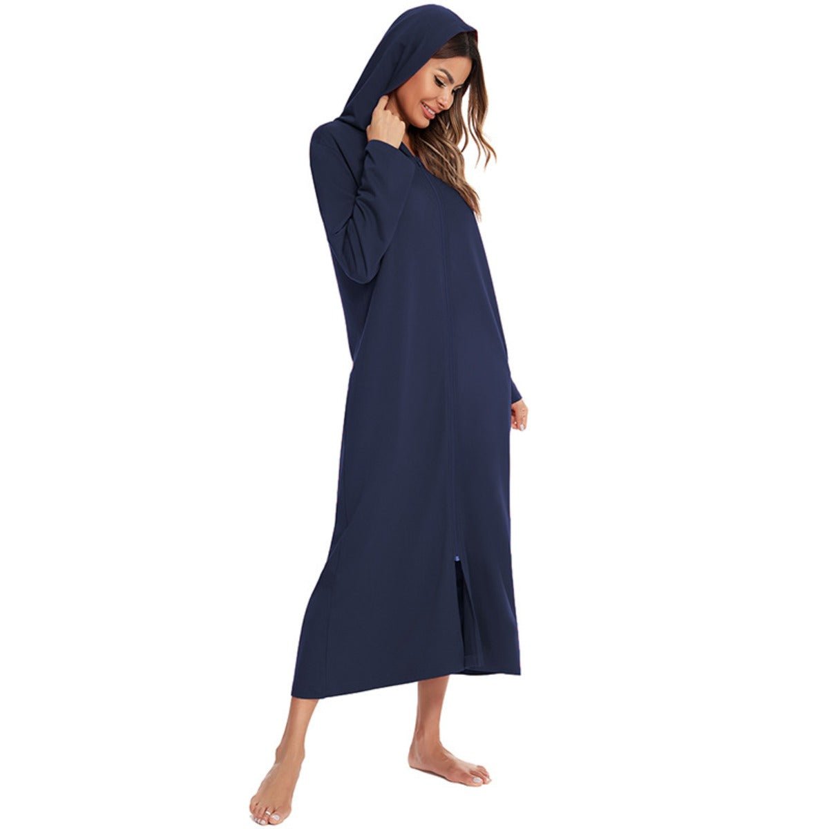 Cozy Longline Zip-Up Cardigan with Pockets | Home Wear Comfort(MS110)