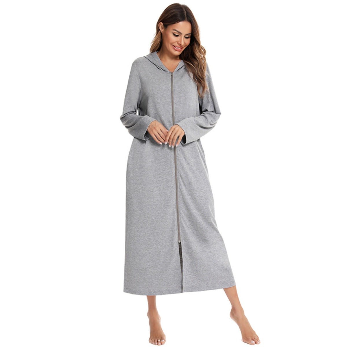 Cozy Longline Zip-Up Cardigan with Pockets | Home Wear Comfort(MS110)
