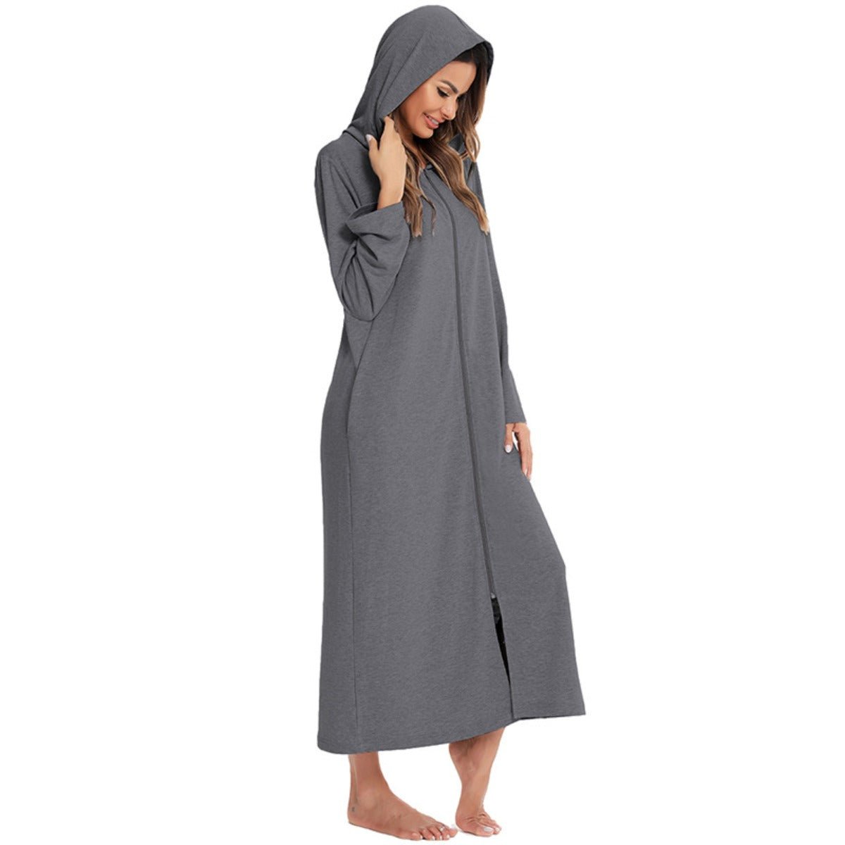 Cozy Longline Zip-Up Cardigan with Pockets | Home Wear Comfort(MS110)