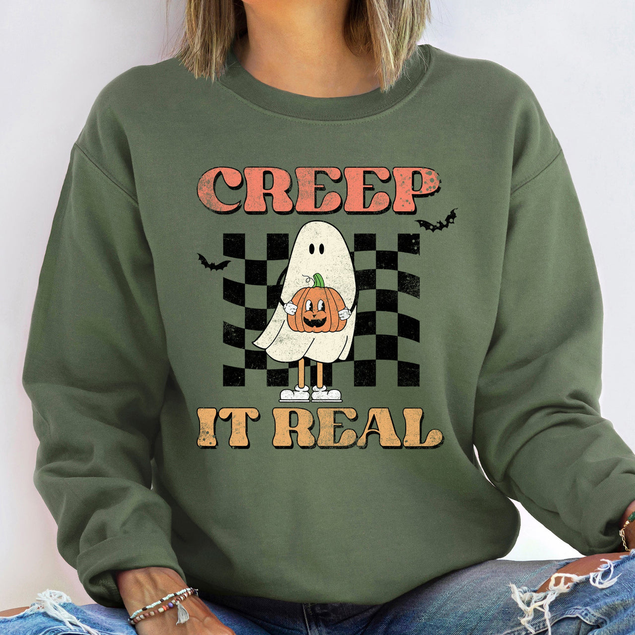 Creep It Real Vintage Halloween Spooky Nighttime Vibes Cozy Seasonal Street Style Sweatshirt