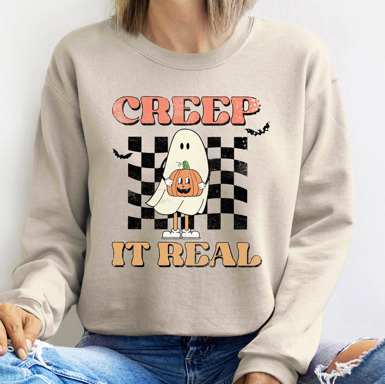 Creep It Real Vintage Halloween Spooky Nighttime Vibes Cozy Seasonal Street Style Sweatshirt