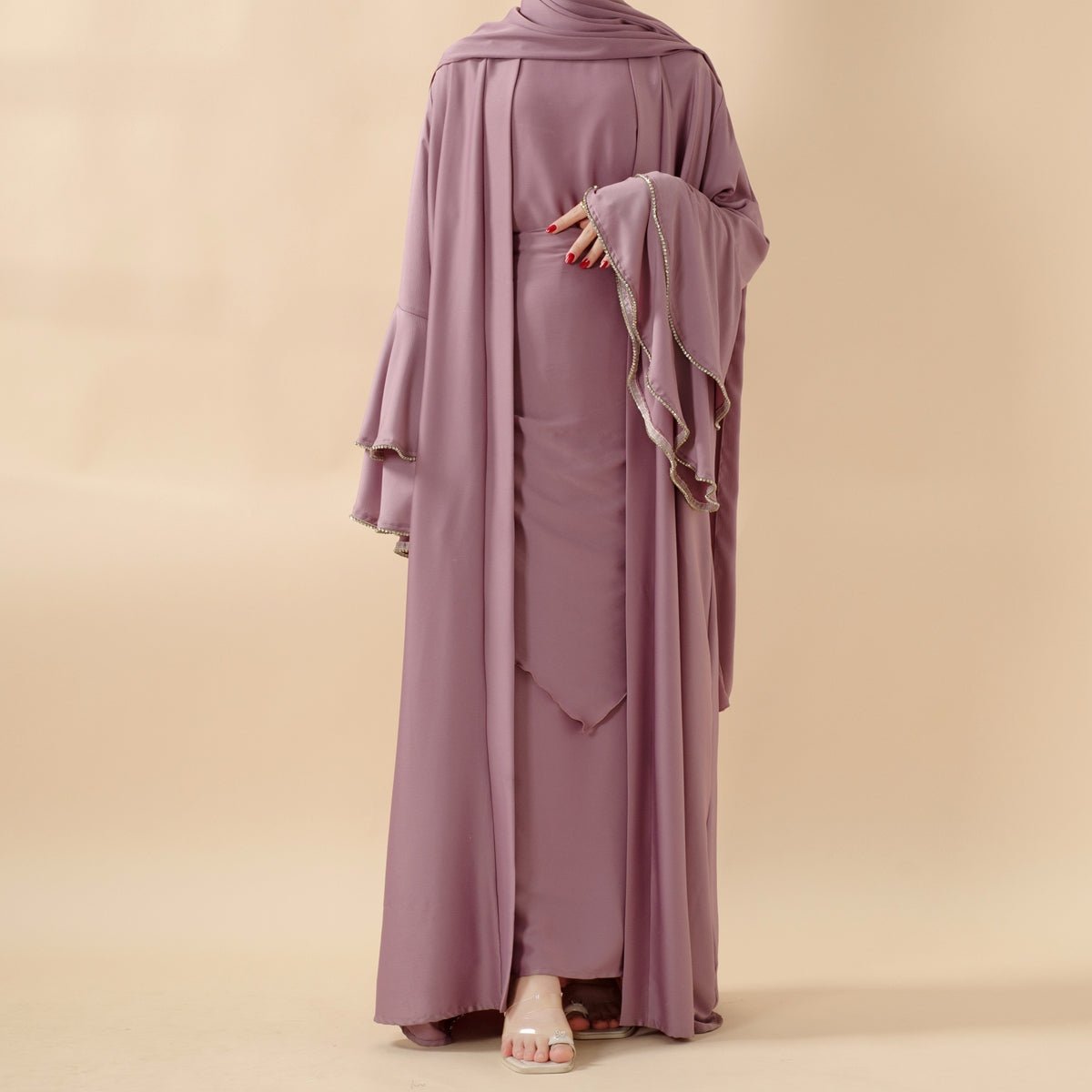 Crepe Satin Ruffle Sleeve Abaya, 5-Piece Set (MOA033)