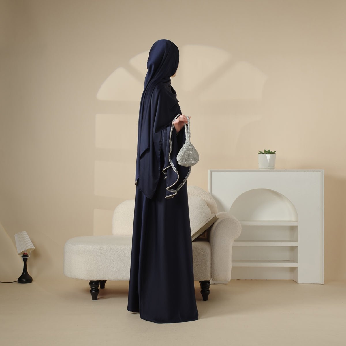 Crepe Satin Ruffle Sleeve Abaya, 5-Piece Set (MOA033)
