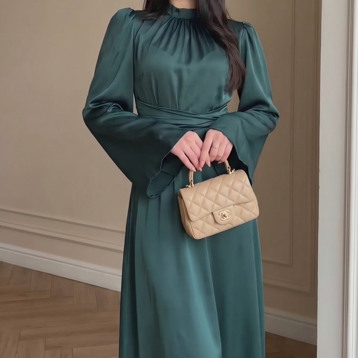 Cross-Wrap Ruched Neck Satin Maxi Dress(MS445)