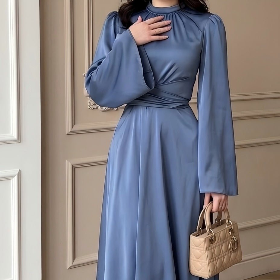 Cross-Wrap Ruched Neck Satin Maxi Dress(MS445)