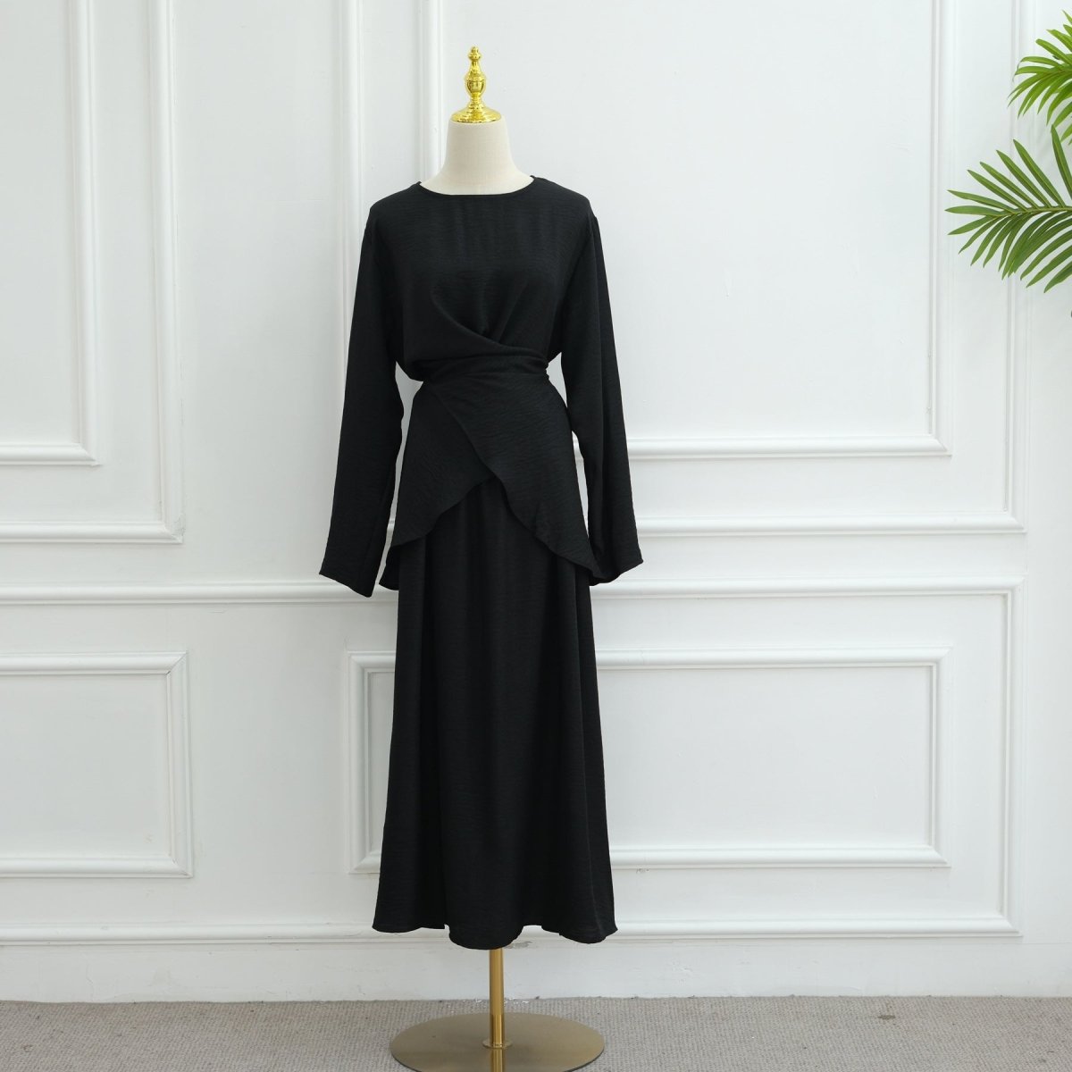 Cross-Wrap Waist Top & A-Line Maxi Skirt Set(MS475)