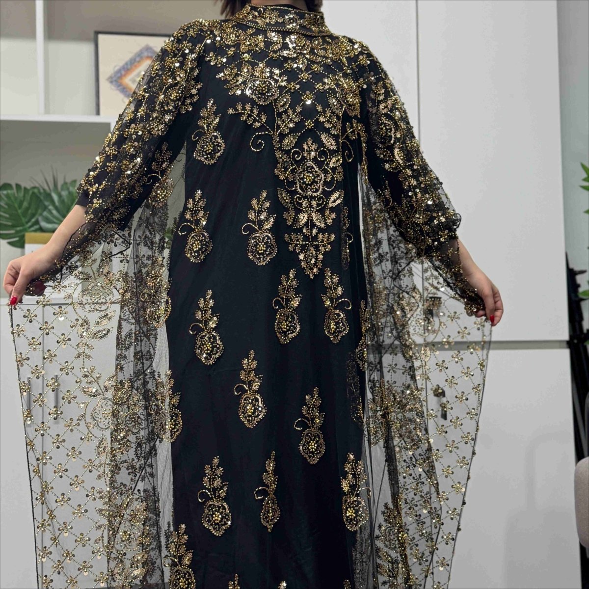 Crystal Beaded Cape Overlay Abaya Set (MA427)