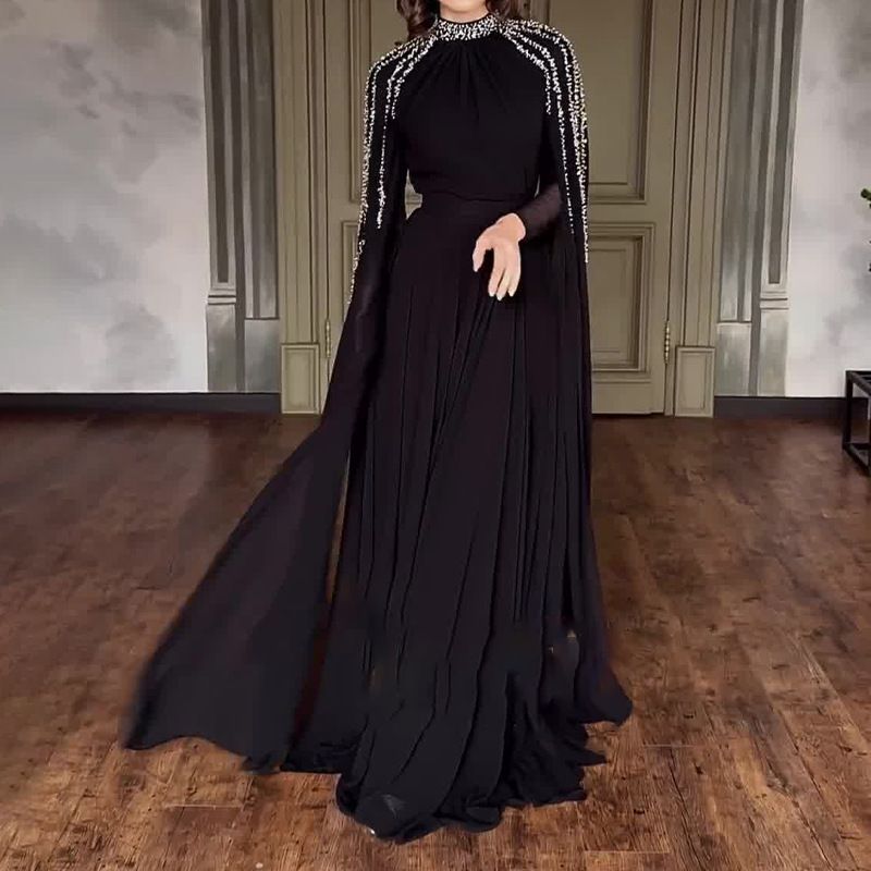 Crystal Cascade Cape Gown | Dramatic Embellished Evening Abay(MA345)